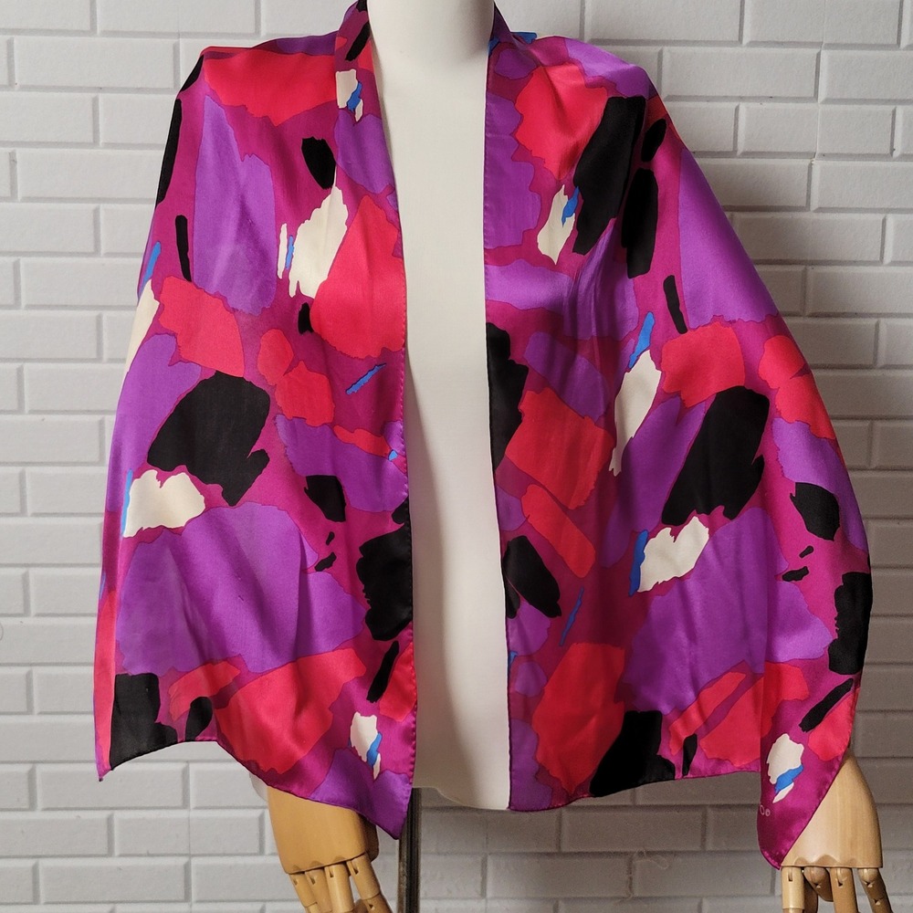 Vintage 1990s Echo Silk Scarf Purple Abstract Modernist Oblong Puffy Edge - Picture 2 of 8